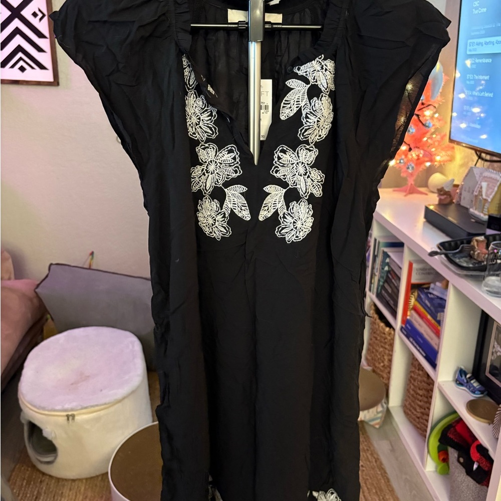 Black Dress with White Floral Embroidery